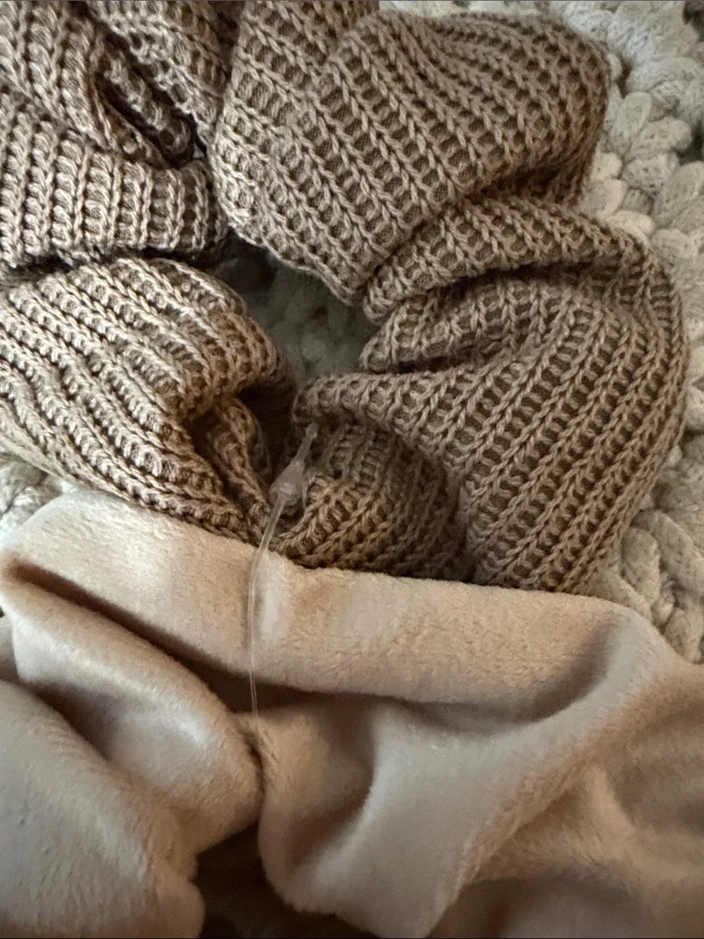 Neutral Satin and Knit Scrunchie Duo - Beige & Taupe